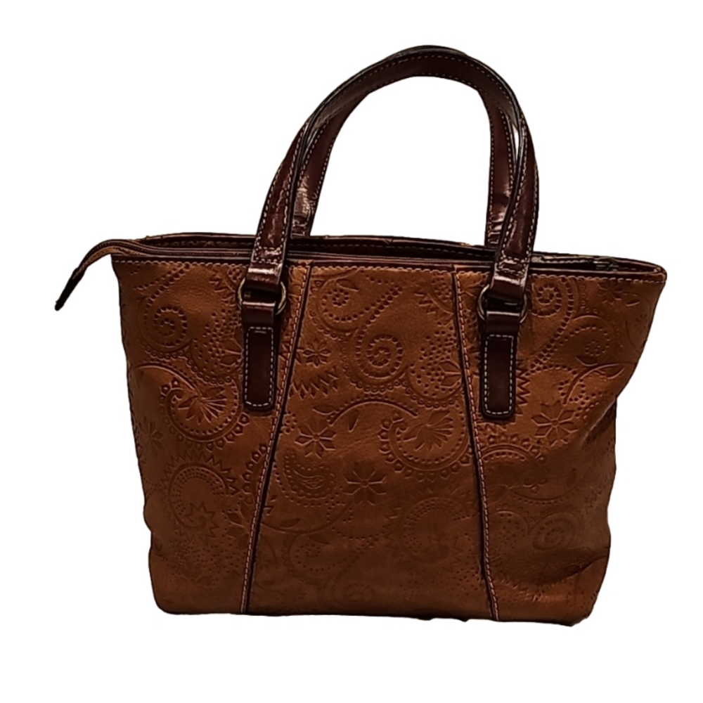 Fossil paisley embossed small leather tote good condition 3 compartments